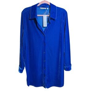 Soft Surroundings Royal Blue Velvet Button Down Shirt 1X Cozy Chic Boho Top
